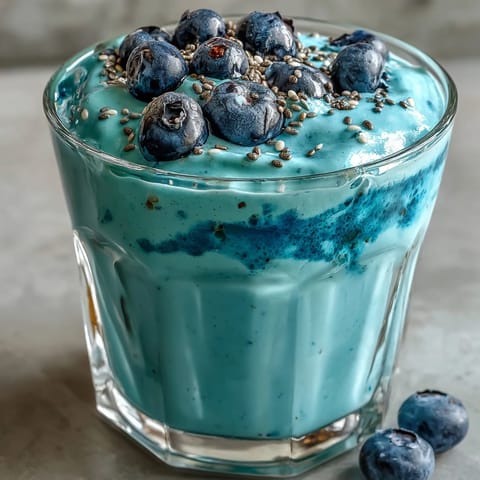 Creamy probiotic kefir smoothie with vibrant blueberries and flaxseed ready to sip.