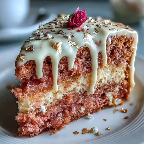 Decadent pink rosé velvet cake, artfully adorned with a delicate gold cascade.