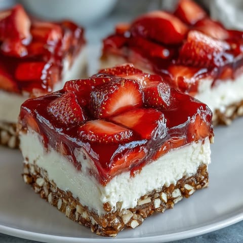 Rich strawberry pretzel salad bars showcasing vibrant fruit and creamy layers.