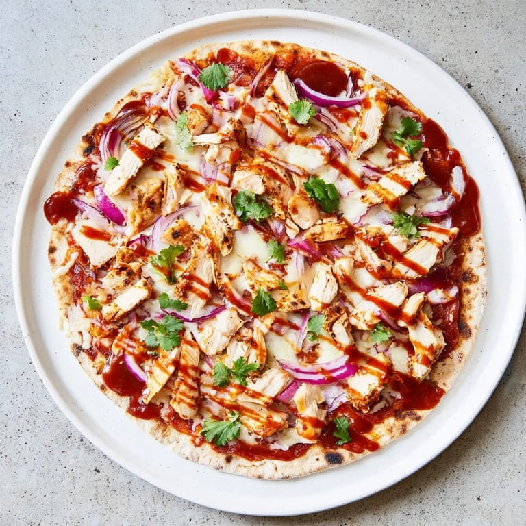 Slice of warm Chicken BBQ Pizza with charred chicken and red onions, drizzled with extra barbecue sauce and fresh cilantro.