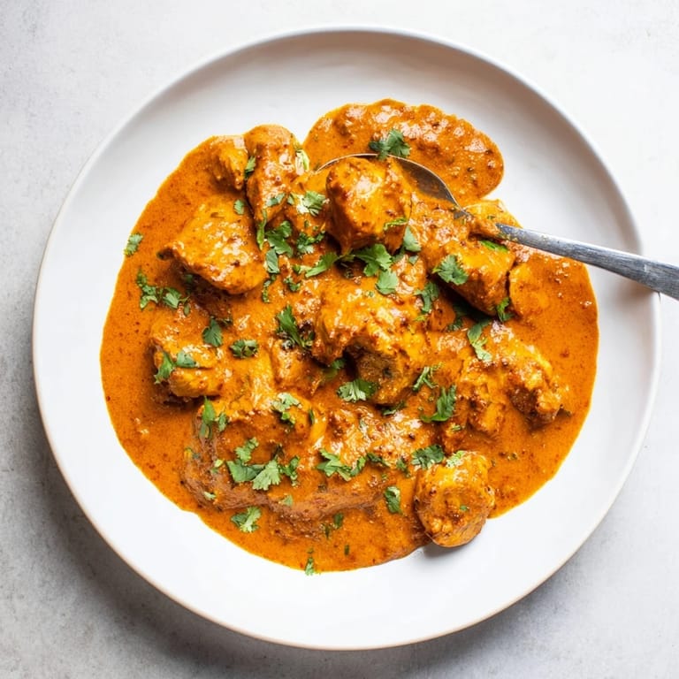 Golden, char-broiled Chicken Tikka Masala pieces nestled in a creamy, vibrant orange tomato sauce with aromatic spices.