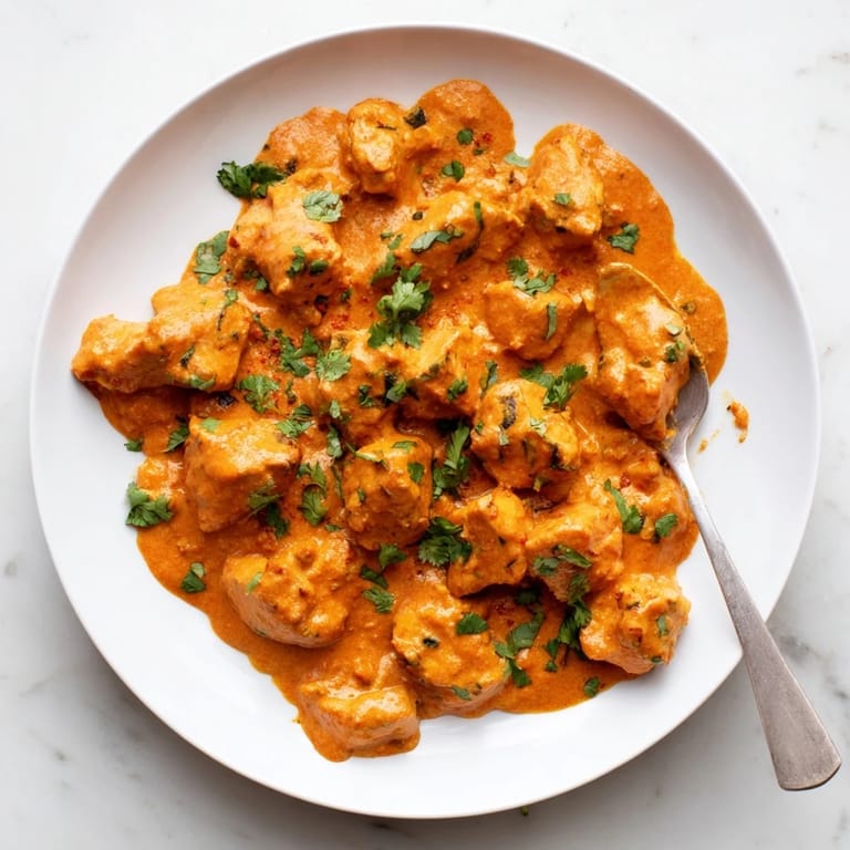 Steaming bowl of rich Chicken Tikka Masala paired with warm naan bread, ready for a comforting weeknight dinner.