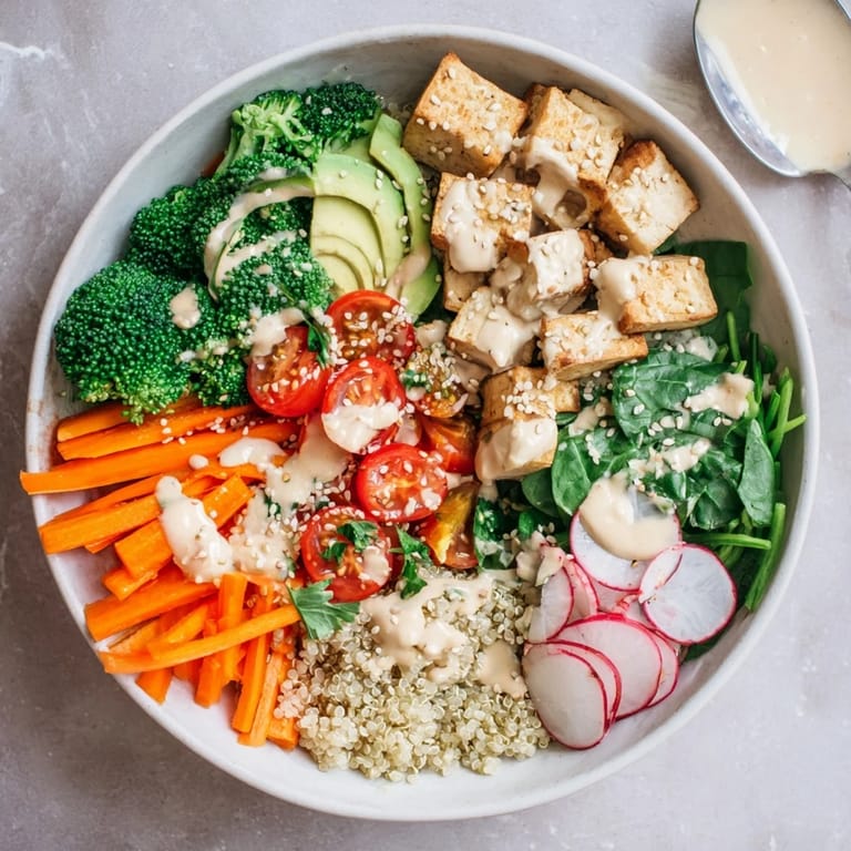 A wholesome Buddha Bowl showcases a colorful array of roasted vegetables, tofu, and quinoa, ready to be drizzled with creamy tahini dressing.