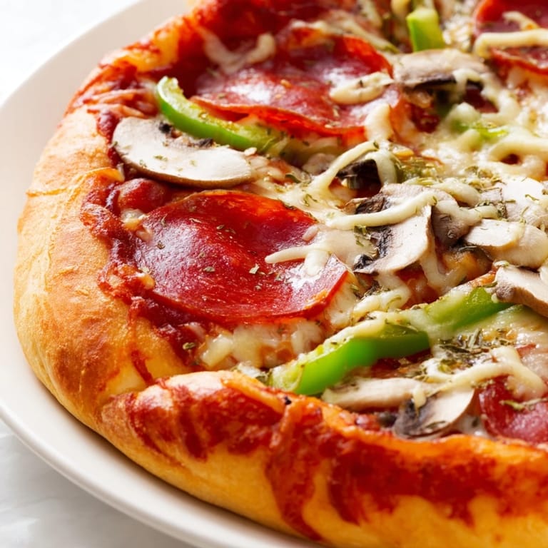 Golden-brown Stuffed Crust Pizza on a wooden board, topped with pepperoni, bell peppers, and mushrooms, ready to be enjoyed.