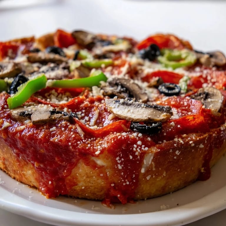 Chicago-style Deep Dish Pizza with golden crust, bubbling cheese, and vegetable toppings sits ready to serve on a wooden board.