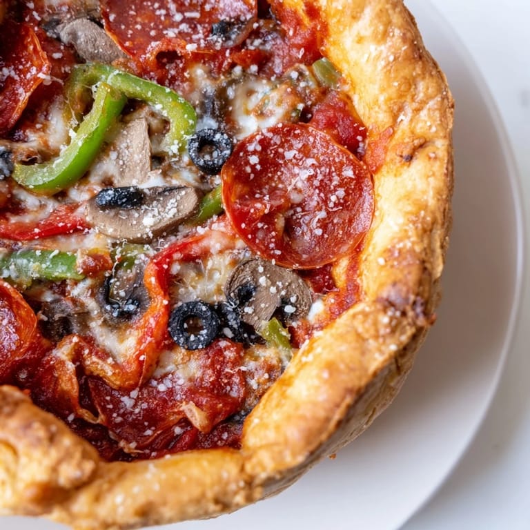 Close-up of Deep Dish Pizza revealing layers of mozzarella, savory sauce, and pepperoni nestled inside a high-edged crust.