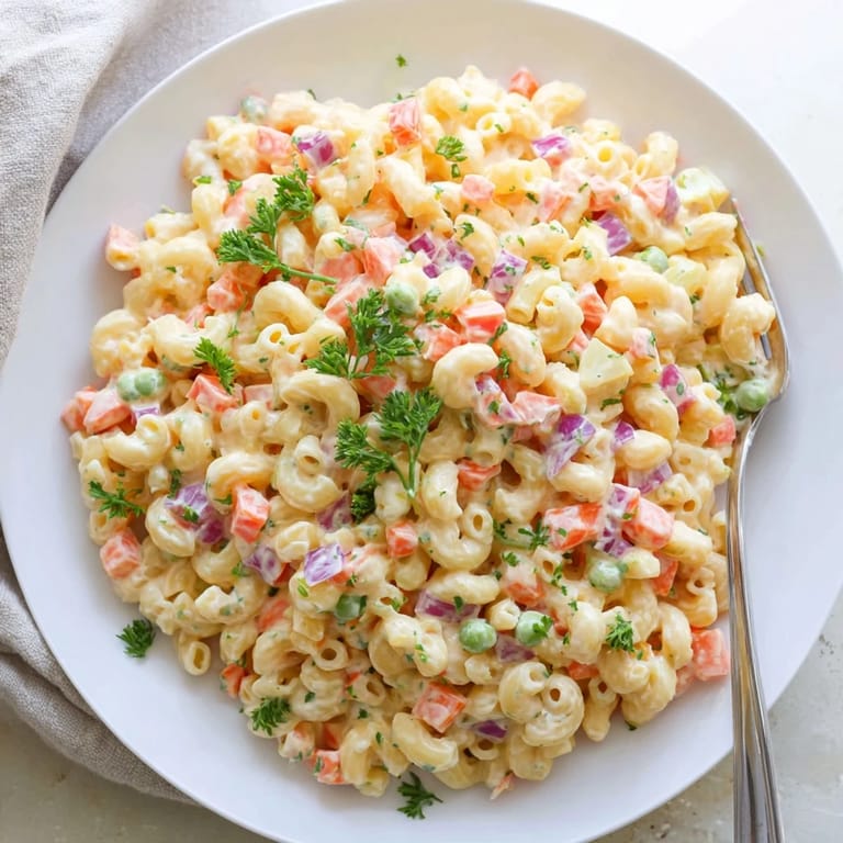 Hearty Macaroni Salad served chilled in a picnic bowl, tossed with peas, carrots, and a tangy dressing.