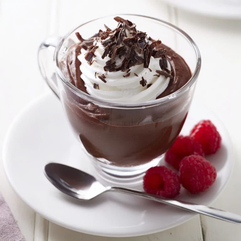 Spoon dipping into silky chocolate pudding, with a dollop of whipped cream and cocoa powder.