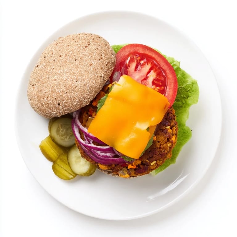 Close-up of a stacked veggie burger featuring a hearty legume patty, fresh vegetables, and condiments on a seeded bun, ready to eat.