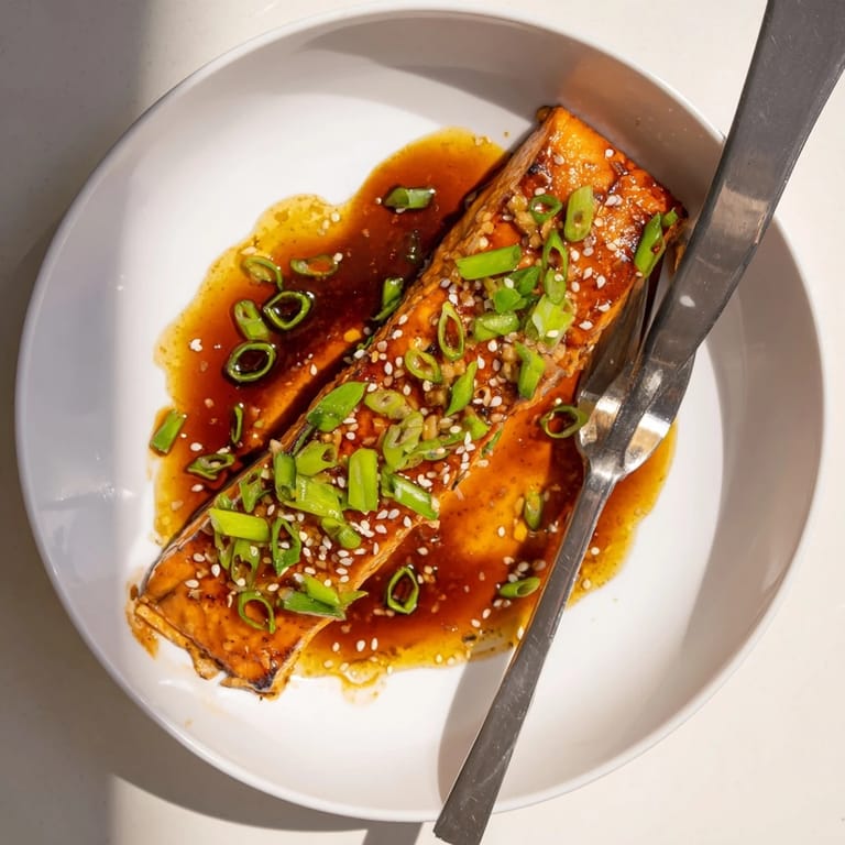 A close-up of tender Honey Garlic Salmon fillets, drizzled with sticky garlic sauce beside a colorful vegetable medley.