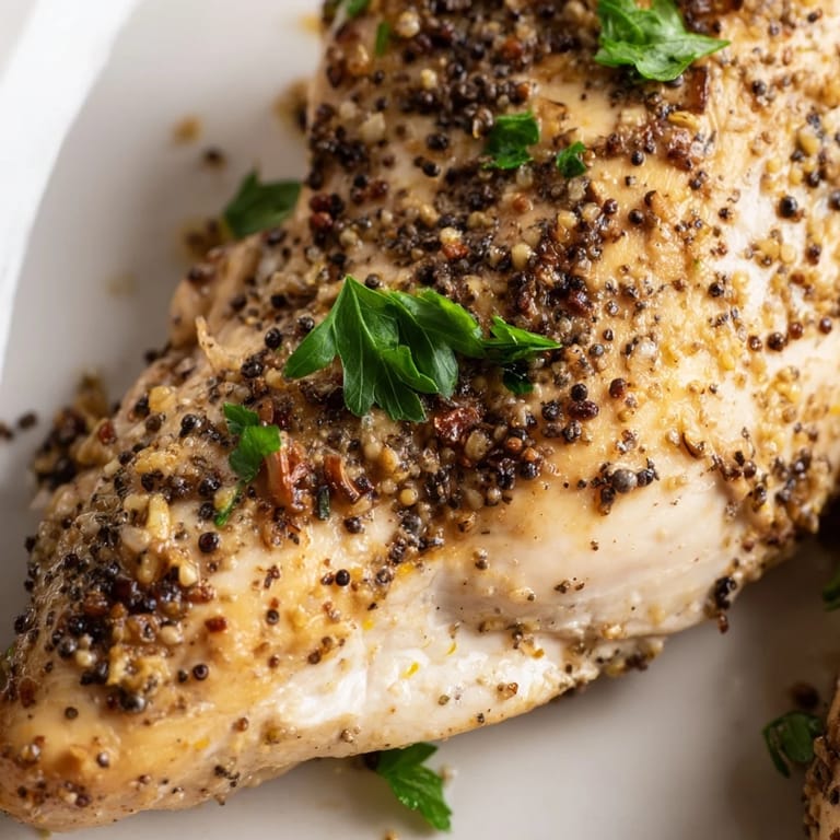 Juicy pan-seared Lemon Pepper Chicken sizzling in a skillet with zesty lemon slices and cracked black pepper visible.