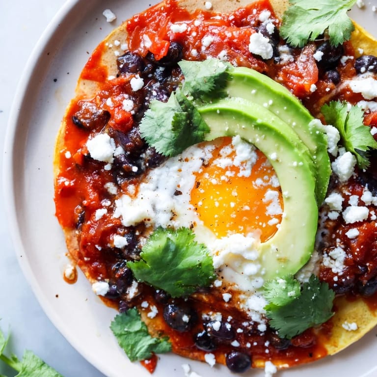 Fried eggs rest on warm corn tortillas, covered in spicy tomato sauce, black beans, and fresh cilantro.