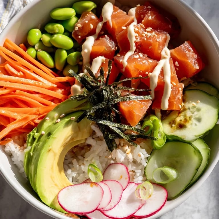 Colorful poke bowl with avocado slices, edamame, cucumber ribbons, and spicy mayo drizzle ready to enjoy.