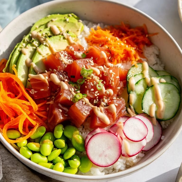 Vibrant Hawaiian-inspired poke bowl topped with nori strips, sesame seeds, and lime wedges on a clean counter.