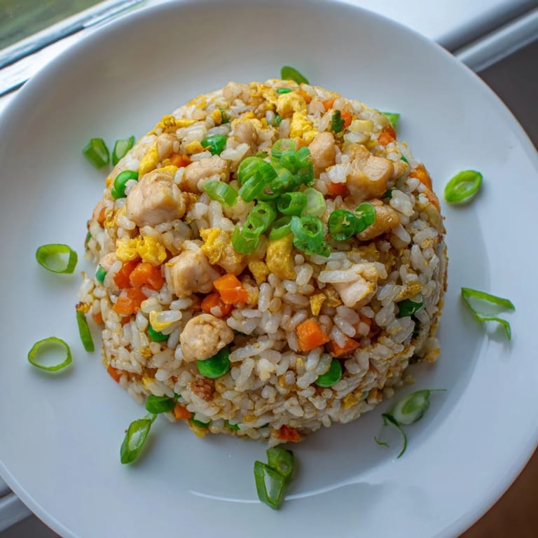 Sizzling skillet of classic Chicken Fried Rice featuring day-old jasmine rice, savory soy sauce, and vibrant vegetables, ready for a quick weeknight dinner.