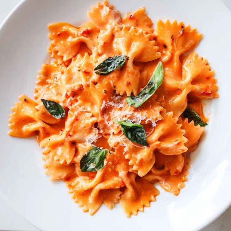 A close-up of a forkful of Tomato Basil Bowtie Pasta reveals the silky red sauce clinging to each bowtie, with steam rising gently.  