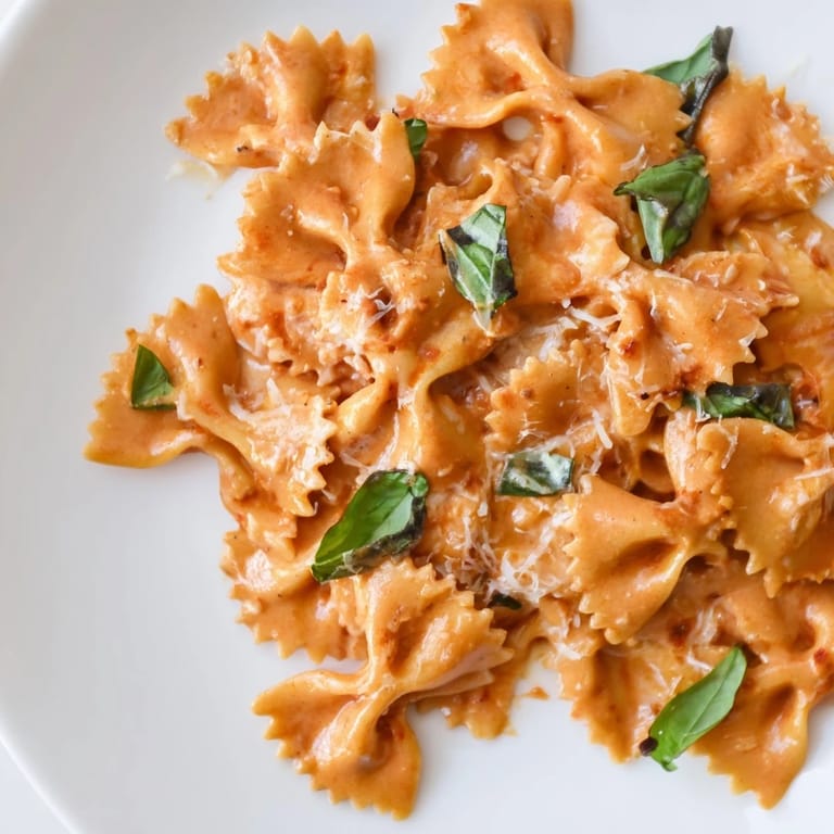 A skillet of bubbling Tomato Basil Bowtie Pasta is garnished with fresh basil and Parmesan, a perfect comforting weeknight dinner.
