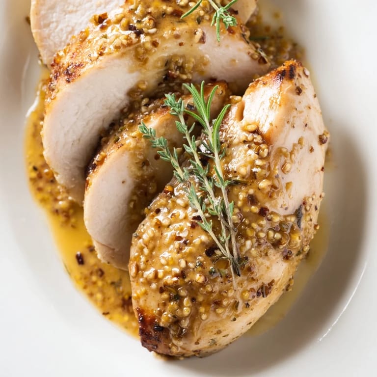 Plated Honey Dijon Chicken Skillet with juicy breasts, aromatic herbs, and rich sauce drizzled over the tender meat.