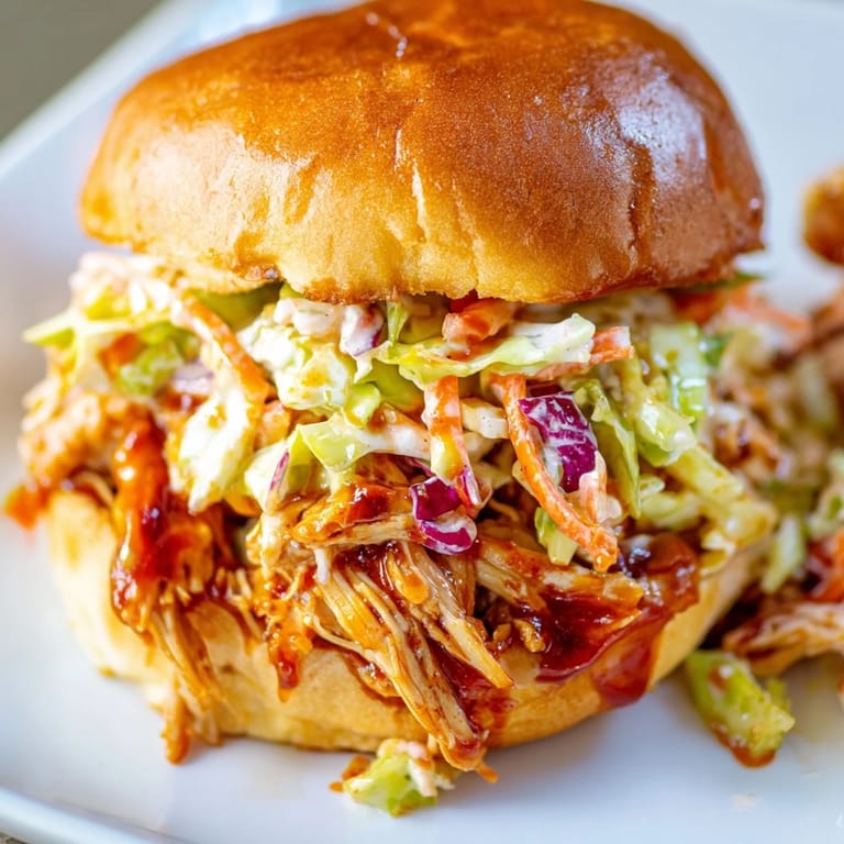 Golden toasted brioche buns hold smoky pulled barbecue chicken and a vibrant, crunchy cabbage slaw for a satisfying bite.  