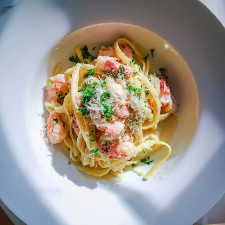 A close-up of succulent shrimp and silky garlic cream coating linguine, with a sprinkle of red pepper flakes for a spicy kick.