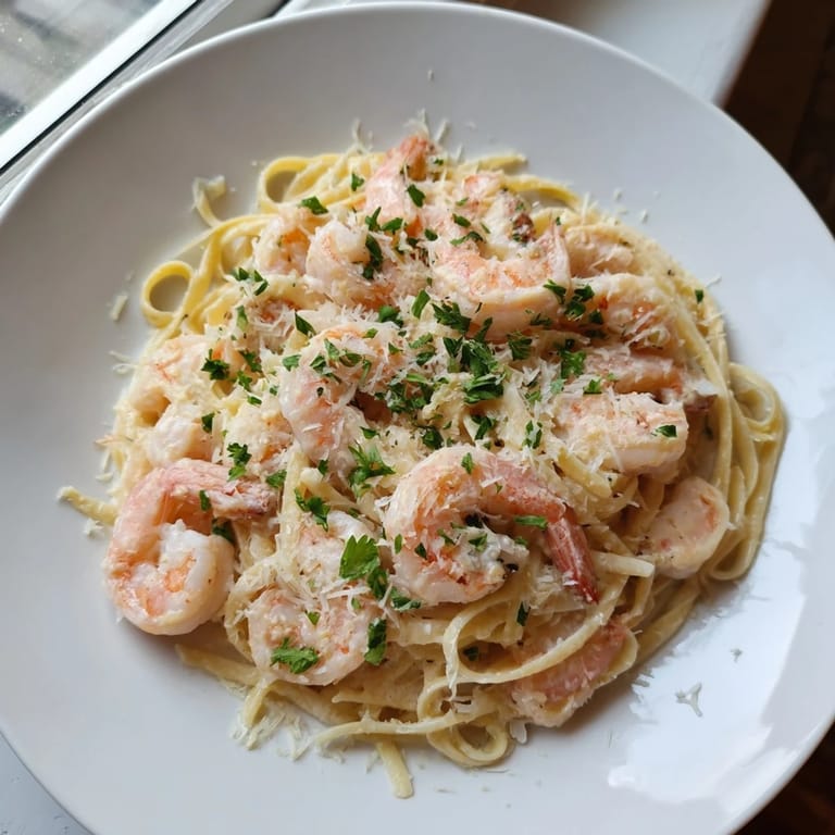 Shrimp pasta drenched in rich, cheesy cream sauce, served steaming hot in a skillet with a side of crusty bread.