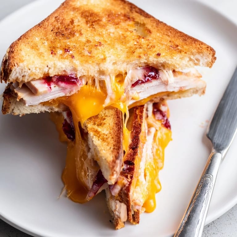 A classic American smoked turkey grilled cheese with melty cheddar and tangy cranberry spread on buttery golden bread.