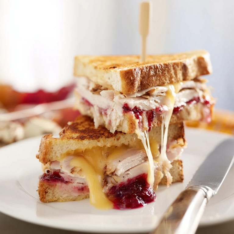 Close-up of a warm smoked turkey grilled cheese sandwich, its cheesy center stretching as it’s sliced for serving.