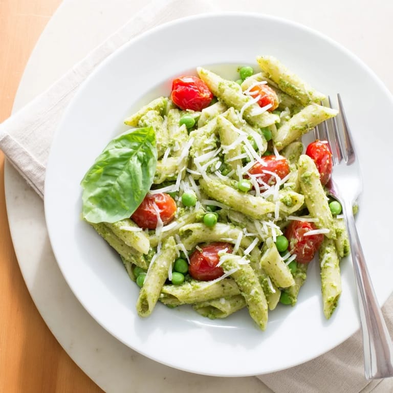 A close-up of green pesto pasta salad featuring juicy tomatoes, tender peas, and a drizzle of extra-virgin olive oil.