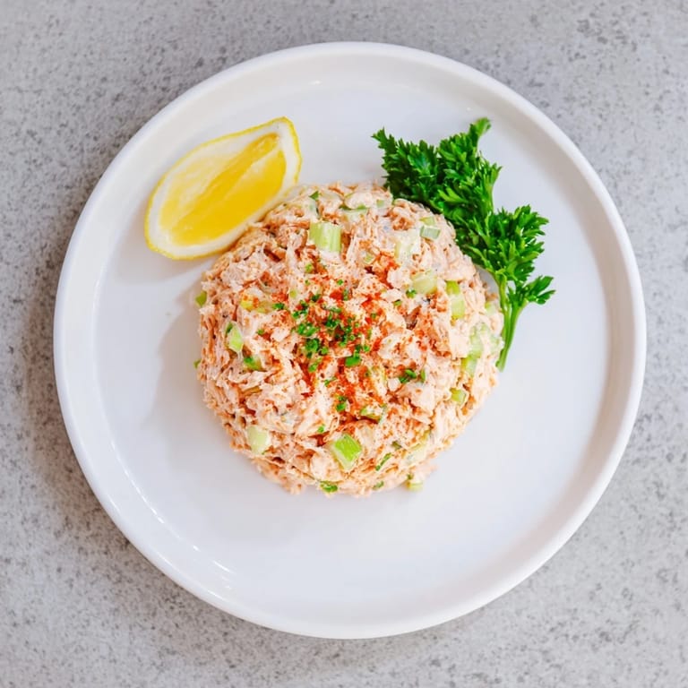 A bowl of protein-packed Spicy Zesty Tuna Salad garnished with fresh parsley and lemon wedges, ready to be served on toasted bread.