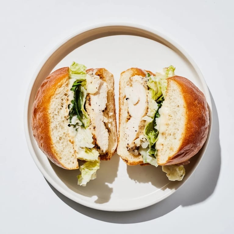 A close-up of a Caesar Chicken Sandwich highlights the tender chicken, melted cheese, and vibrant lettuce inside a toasted sesame seed bun.