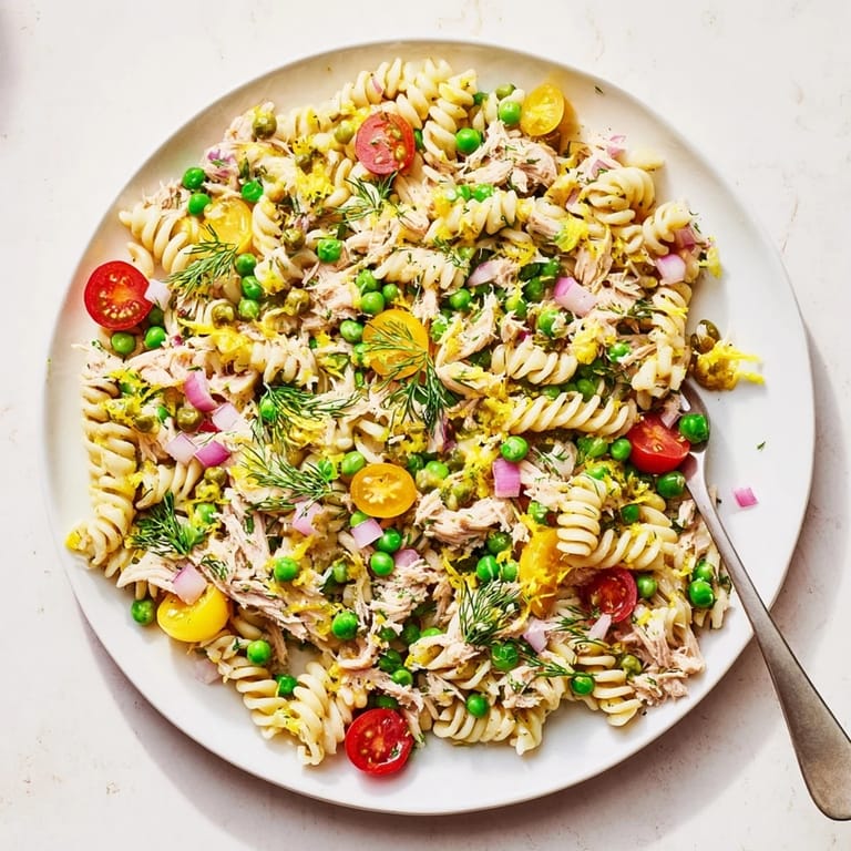 Close-up of Lemony Tuna Pasta Salad with flaked tuna, red onion, and a glistening lemon-herb dressing, perfect for picnics.
