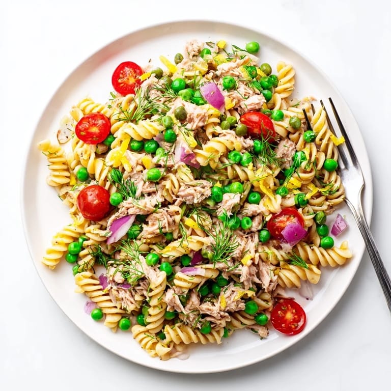 Freshly prepared Lemony Tuna Pasta Salad in a white serving bowl, garnished with parsley and lemon zest, ideal for a quick dinner.