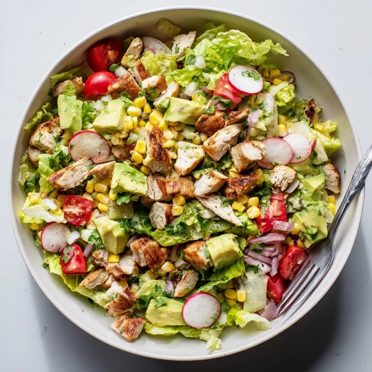 A close-up of the Roasted Corn & Chicken Chopped Salad shows juicy diced chicken, bright cherry tomatoes, and verdant romaine lettuce with a light drizzle of dressing.