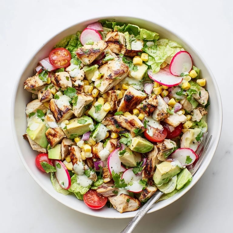 Serve this refreshing Roasted Corn & Chicken Chopped Salad for a light lunch or easy dinner, garnished with fresh cilantro and a wedge of lime.