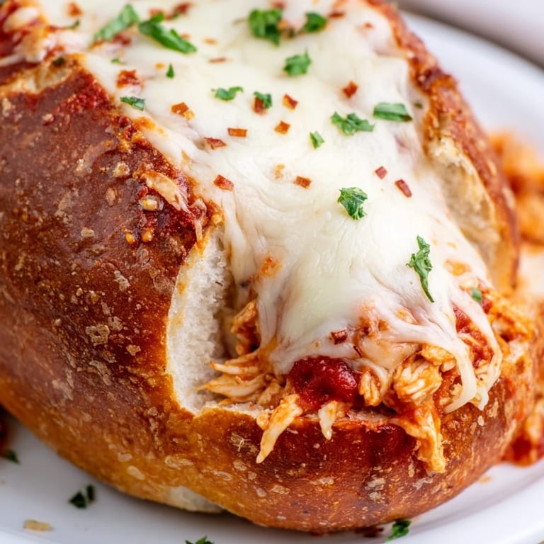 Fresh parsley and red pepper flakes garnish steaming chicken Parm stuffed garlic bread, paired with a green salad.