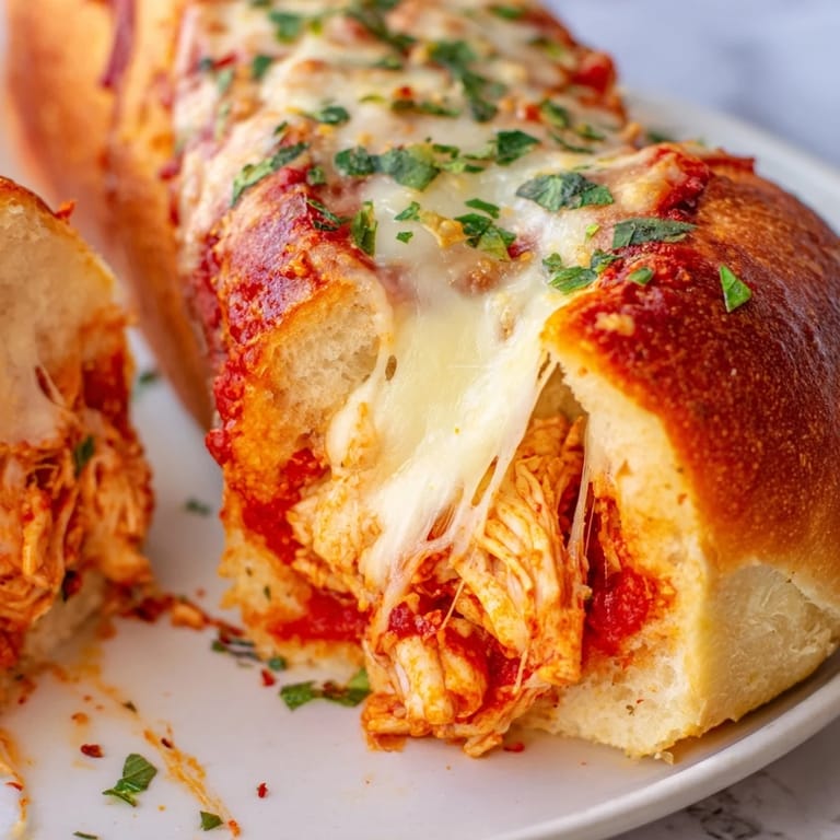 Melted mozzarella and Parmesan cover savory chicken Parm stuffed garlic bread, with marinara sauce and garlic butter visible.