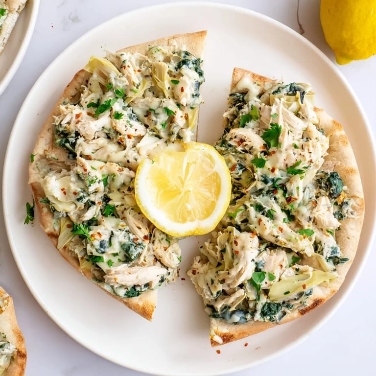 Freshly baked spinach artichoke chicken stuffed pita with melted mozzarella and artichoke hearts visible in the filling.