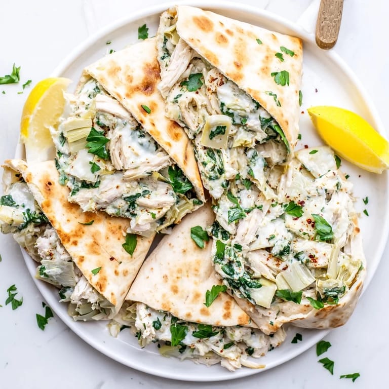 Savory Mediterranean-American spinach artichoke chicken stuffed pita served hot, perfect for a satisfying lunch or light dinner.