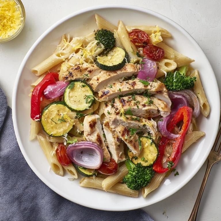 A colorful plate of Garlic Herb Chicken & Veg Pasta is garnished with fresh parsley and grated Parmesan.