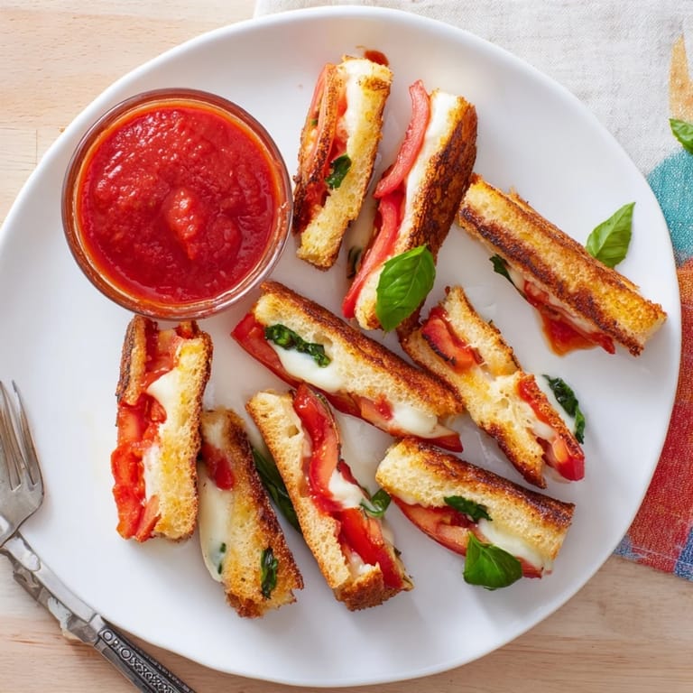 Warm Caprese Grilled Cheese Dippers cut into strips, ready to dip into rich tomato sauce.