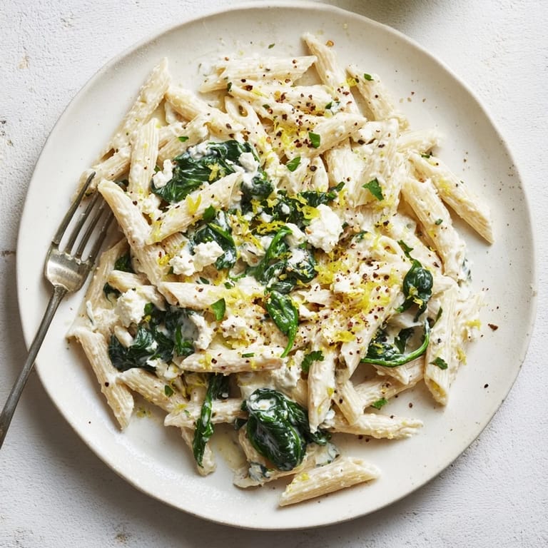 An overhead view of Creamy Feta Spinach Pasta on a plate, showing the velvety sauce coating every spiral of pasta.
