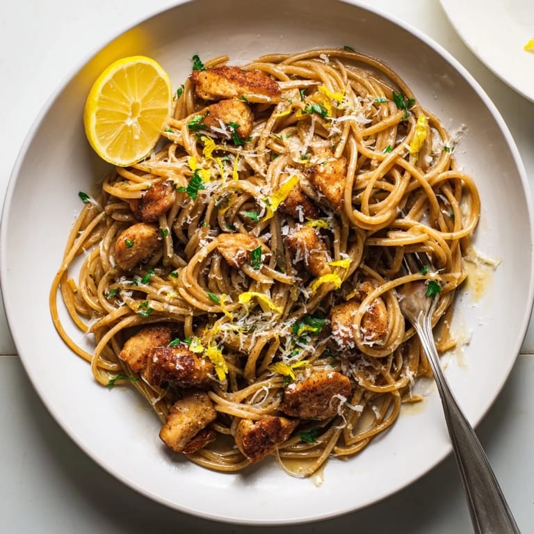 Tender chicken and al dente spaghetti shine in this Brown Butter Lemon Chicken Pasta, with nutty aromas and a bright citrus finish.