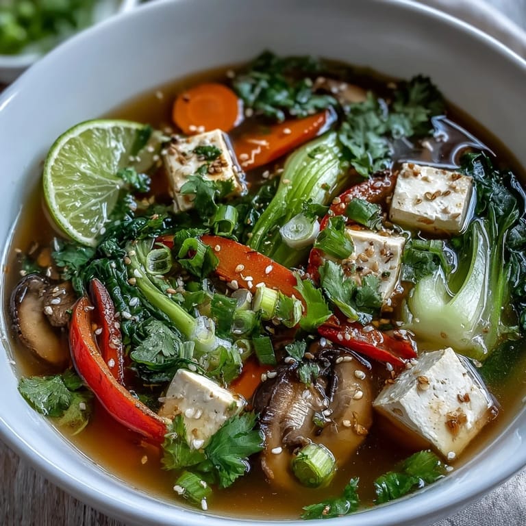 Steam rises from a vibrant serving of Tofu and Vegetable Soup featuring shiitake mushrooms and red bell pepper, garnished with fresh cilantro and sesame seeds.