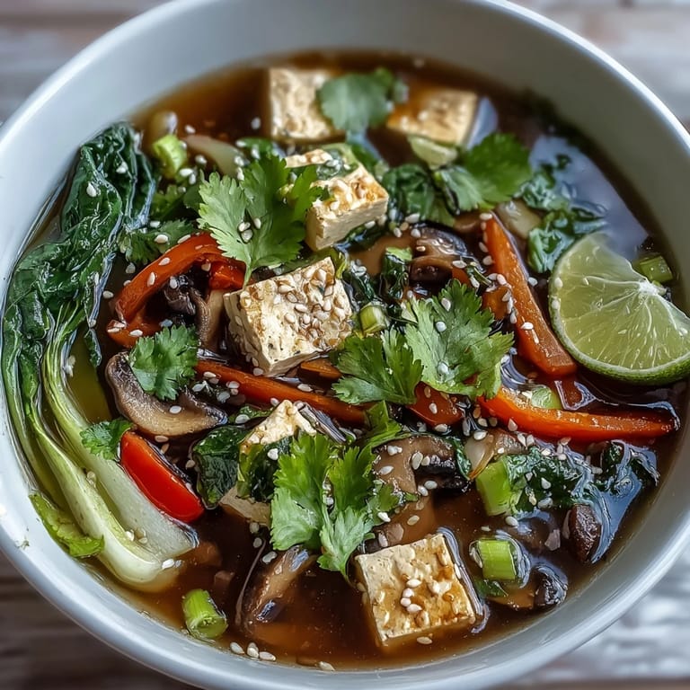 Close-up of Tofu and Vegetable Soup in a rustic bowl, showcasing soft tofu pieces amidst crisp vegetables, with lime wedges for a bright, citrusy garnish.