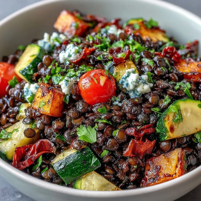 Hearty Black Lentil Salad with Roasted Vegetables served warm in a white ceramic bowl, garnished with fresh parsley and feta.  