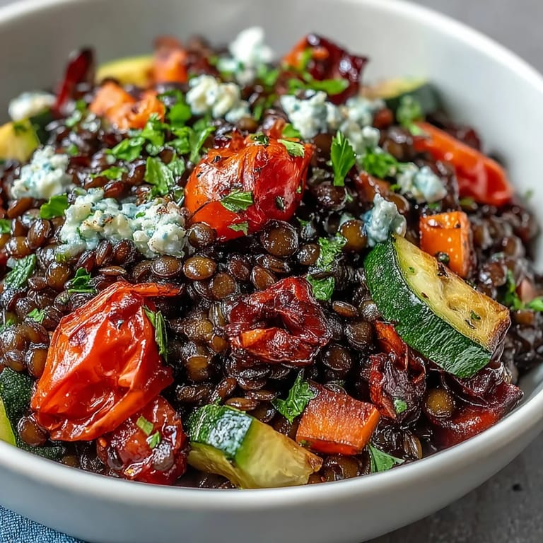 Vibrant Black Lentil Salad with Roasted Vegetables on a plate, featuring glistening cherry tomatoes and a drizzle of lemon dressing.