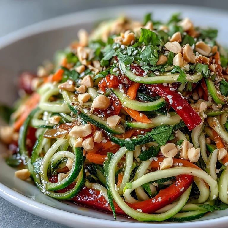 A vibrant raw vegetable noodle salad garnished with toasted sesame seeds and fresh cilantro, served on a white platter for a light lunch.  