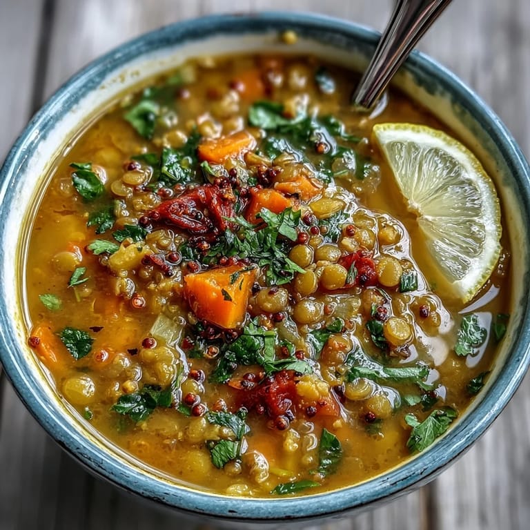 Vibrant Mung Bean Soup in a rustic bowl, topped with cilantro and lemon, served over steamed rice.  