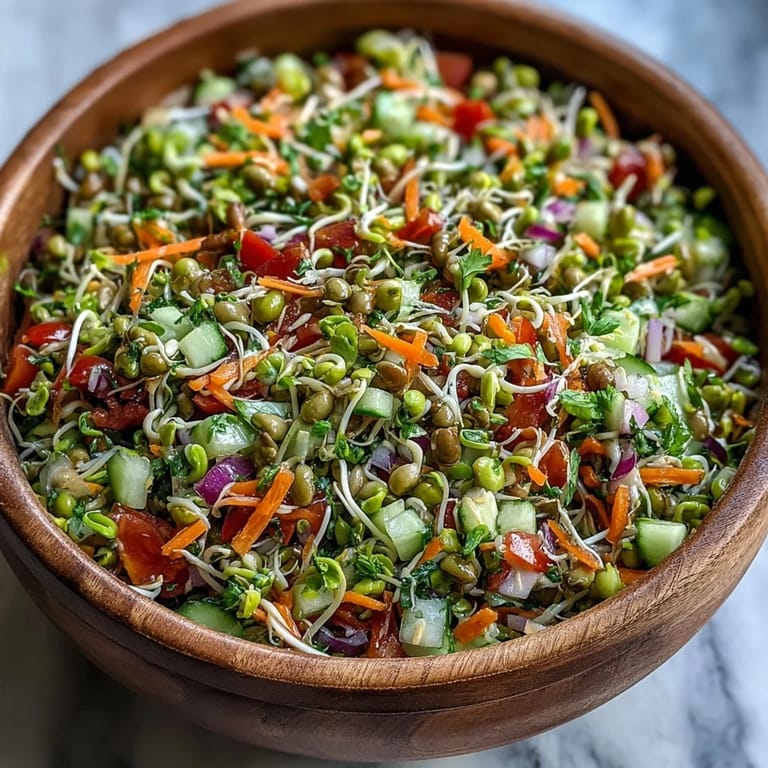 Hearty bowl of Sprouted Seed Salad tossed with grated carrot, red onion, and cilantro, dressed lightly for a fresh vegan meal.