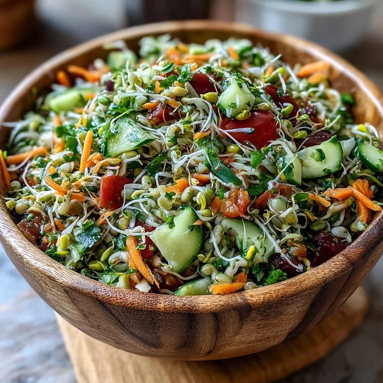 Colorful Sprouted Seed Salad served on a white plate, highlighting crunchy vegetables and tender sprouts perfect as a healthy side dish.